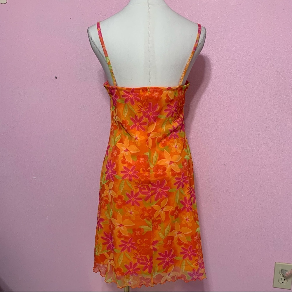 VTG 90’s Retro Floral Orange and Pink Mini Dress M/L - Picture 4 of 7